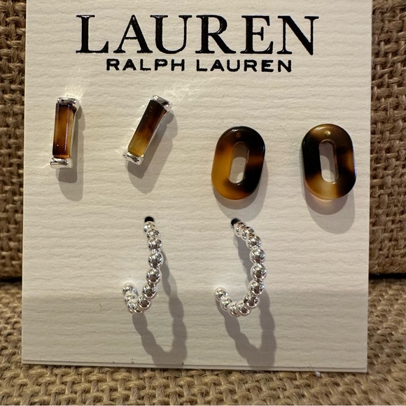 NWT Ralph Lauren Set of 3 Pair Earrings - silver tone & faux tortoise - Picture 3 of 6